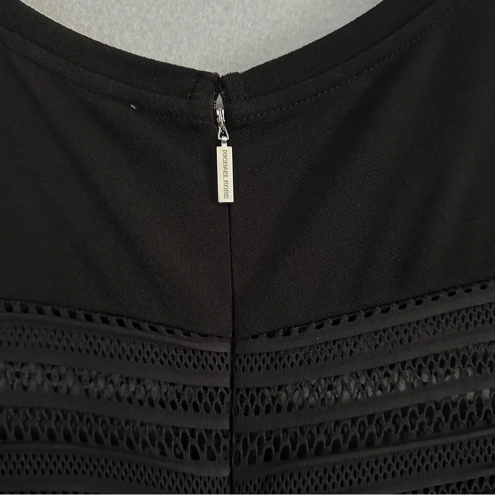 Michael Kors Black A-Line Dress Short Sleeve Ruffle Hem Crew Neck Mesh Insets XL - Picture 8 of 11